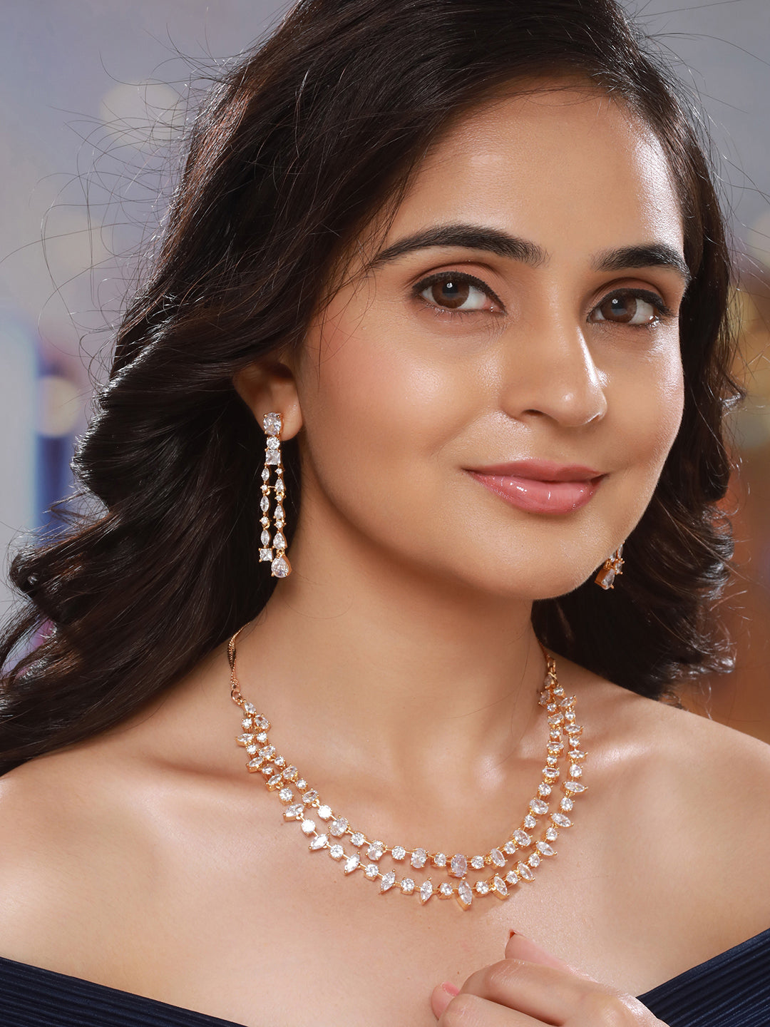 Gold Toned AD Studded Layered Minimal jewellery Set